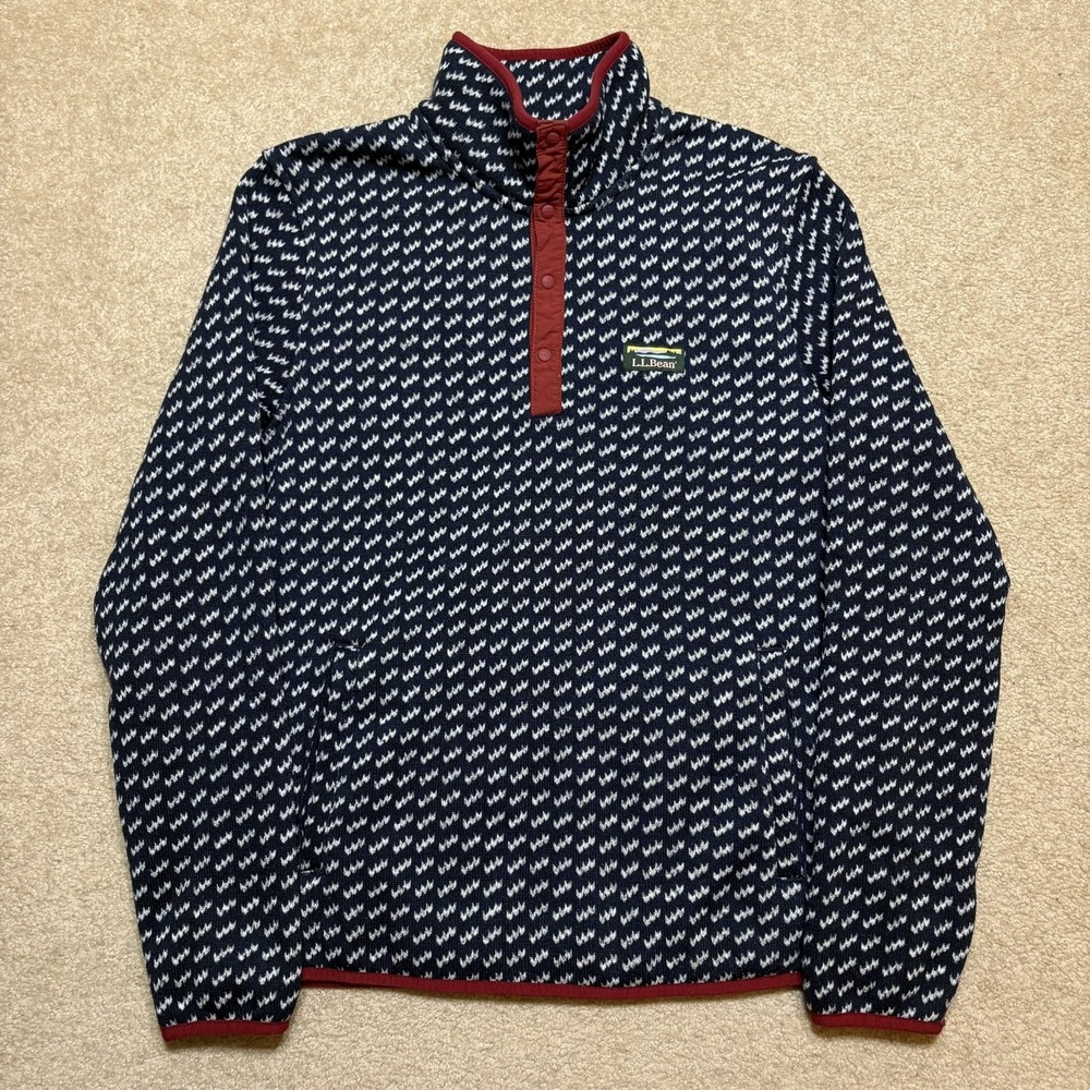 LL Bean Sweater Fleece Pullover Mens Medium Blue Birdseye Pattern Snap Mock Neck